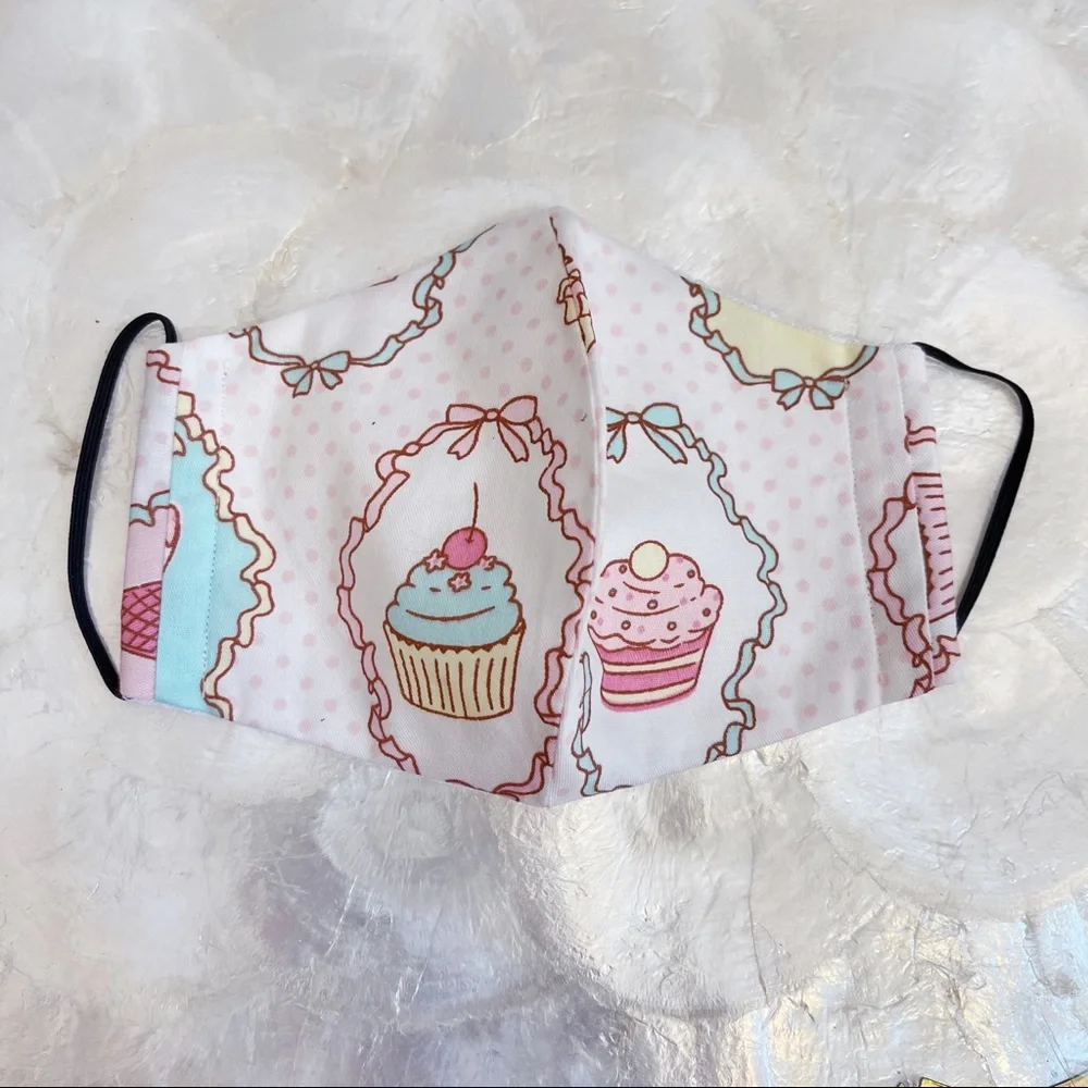Kids White Pink Polkadot Cupcake Cotton Face Cover